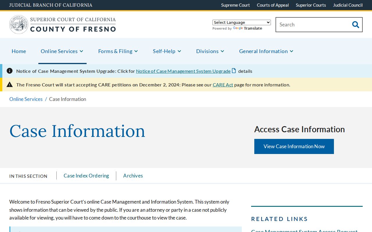 Fresno County people search court case information page